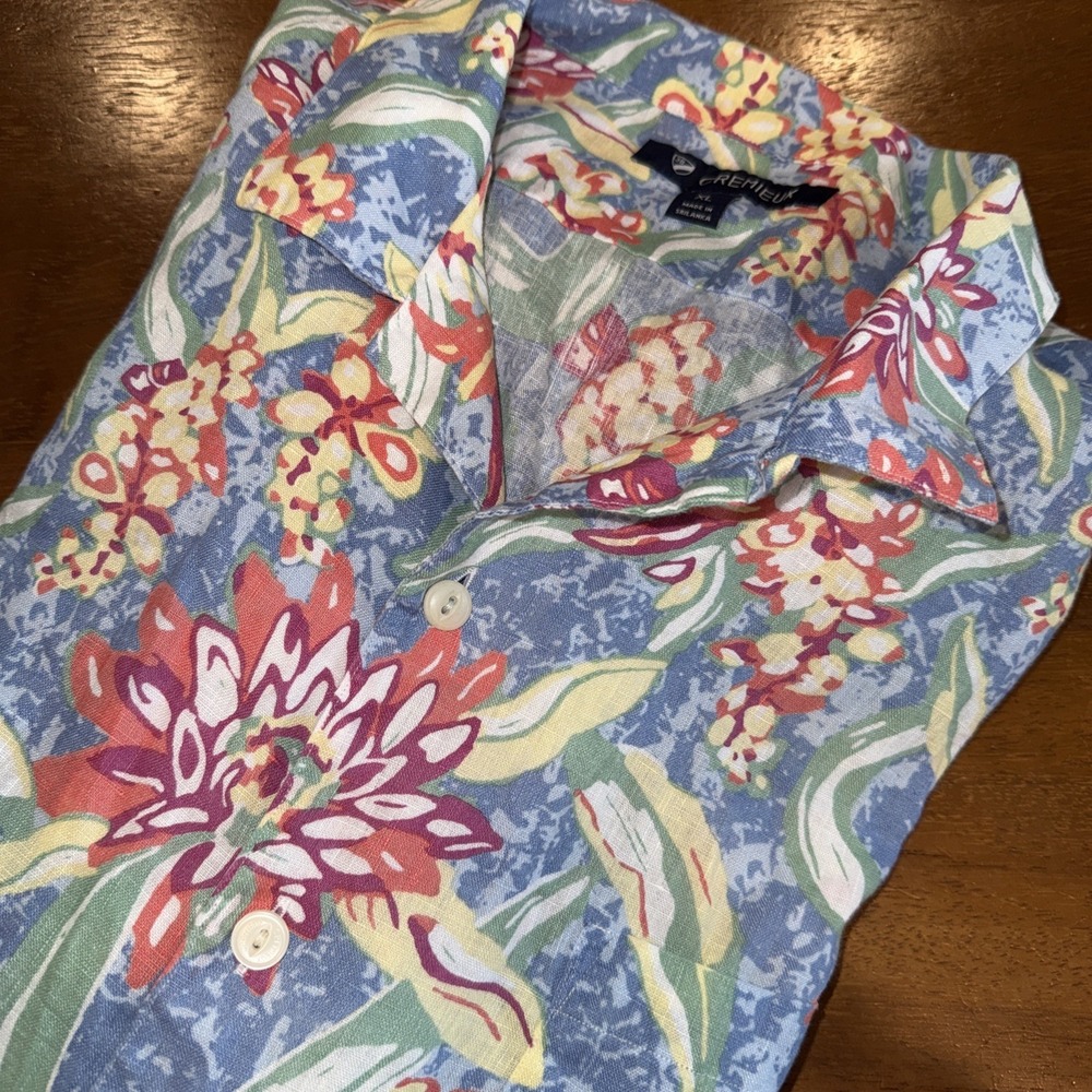 Daniel Cremieux Mens XL Green Blue Floral 100% Linen Short Sleeve Button Up